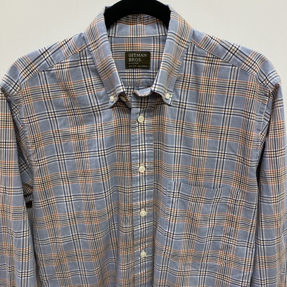 Gitman Bros Tattersall Plaid Men's M Button Down Dress Shirt USA Orange Blue